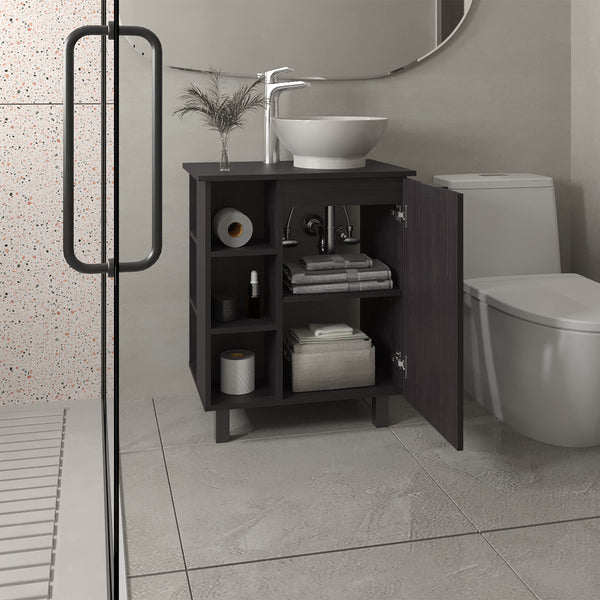 English Elm Vanity Black Wengue Engineered Wood Sink Cabinet with 1 Door 5 Shelves 4 Legs Compact Storage B097P350316