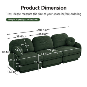 English Elm 105"chenille Cloud Sofa Quilted Plush Three Seater with Deep Cushions for Living Room Green W714S01768