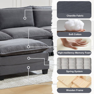 English Elm United We Win Modular Corduroy Sectional with Ottoman Low Profile Living Room Couch Gray W1568S00255