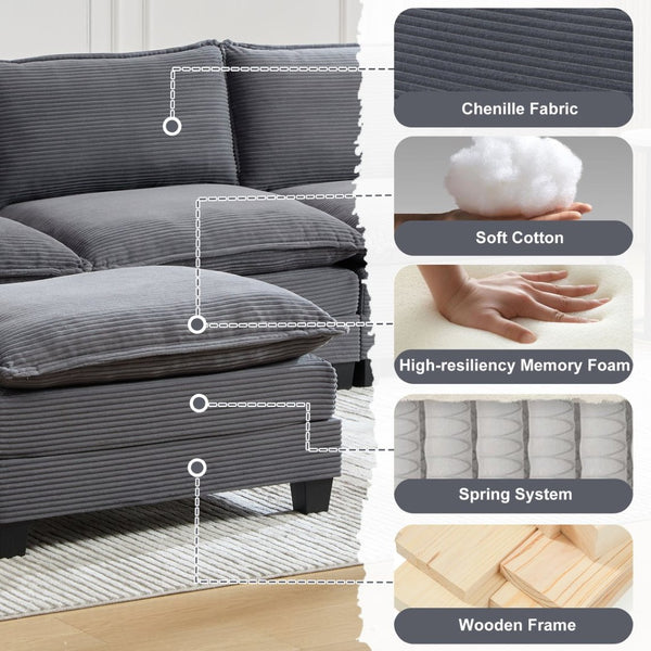 English Elm United We Win Modular Corduroy Sectional with Ottoman Low Profile Living Room Couch Gray W1568S00255