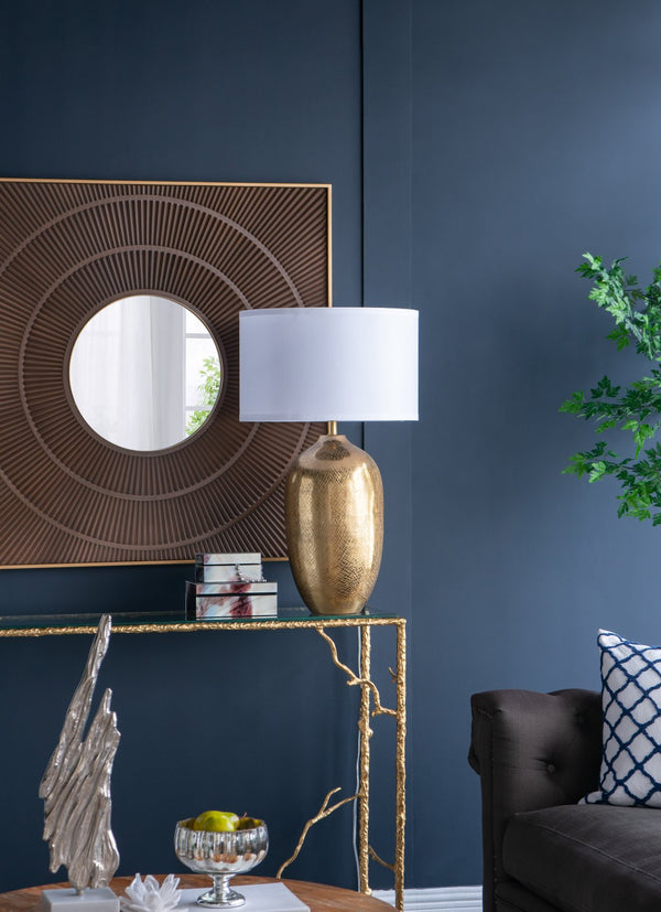 English Elm D18x31" Round Aluminum Gold Table Lamp with White Drum Shade, Urn Silhouette, Artistic Texture, Bedside Accent W2078P326340