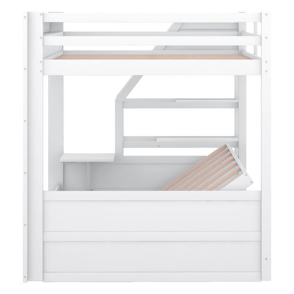 English Elm Wood Full Size Convertible Bunk Bed with Staircase Storage, Bedside Table and 3 Large Drawers, Durable Pine Finish White GX000335AAK-1