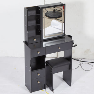 English Elm 29.2" Compact Left Drawer Vanity Table Set With Led Mirror, Power Station, & Cushioned Stool For Style W936P226037