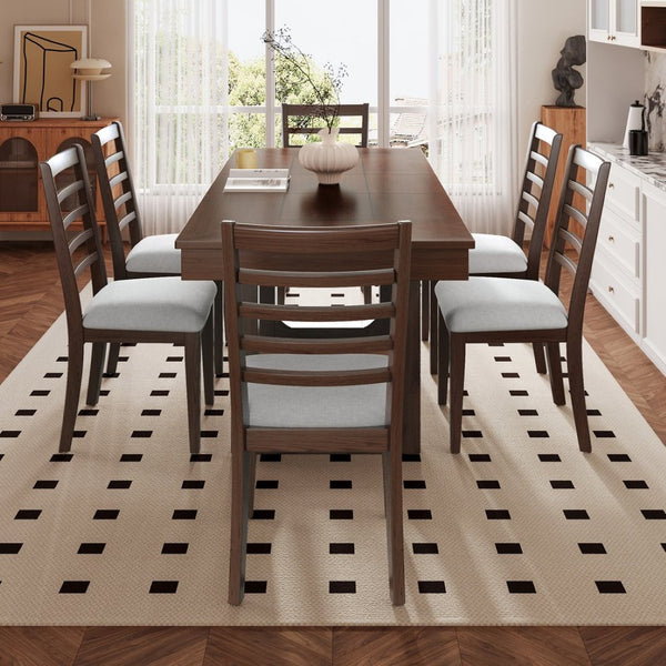 English Elm 7 Piece Farmhouse Dining Set Oak Veneer Extendable Table Six Upholstered Chairs Beige,Walnut N752S000090D-1