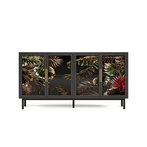 English Elm 60.3" Black Buffet Cabinet with Tropical Glazed Glass Doors, 4-Door Storage Console for Living Room W2263P367671