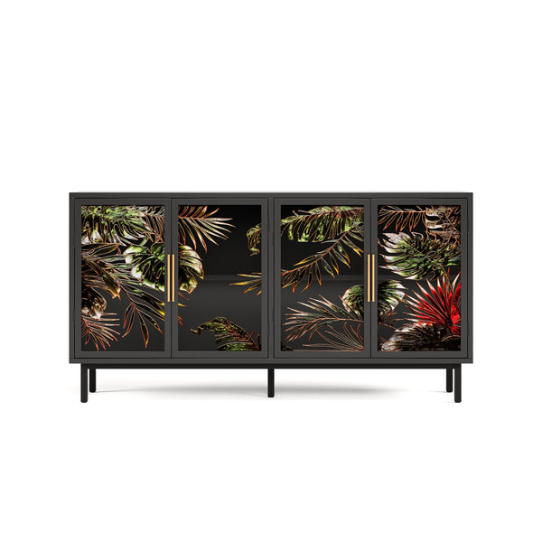 English Elm 60.3" Black Buffet Cabinet with Tropical Glazed Glass Doors, 4-Door Storage Console for Living Room W2263P367671