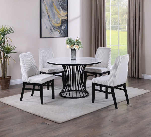 English Elm 1pc Round Faux Marble Dining Table 47.5" RD x 30"H — Sculptural Cage Base, Modern Black Finish B011S01393