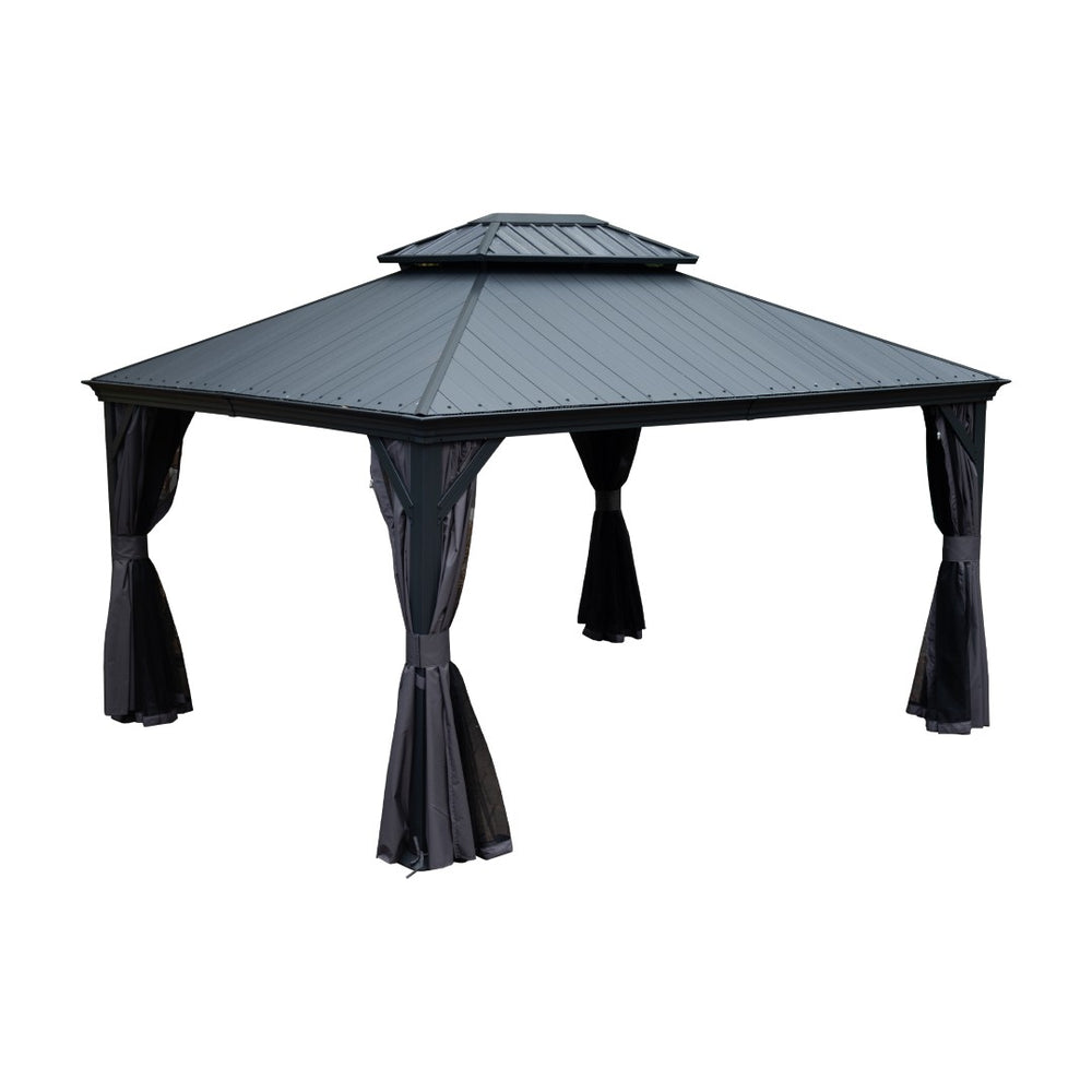 English Elm 10x12ft Lean to Hardtop Gazebo Wall Mounted Steel Roof Shelter for Deck Patio W1859S00182