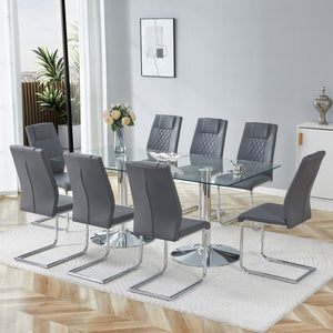 English Elm Table and Chair Set Tempered Glass Top Seats Eight with Pu Leather Dining Chairs Dark Gray,Silver,Transparent W1151S04551