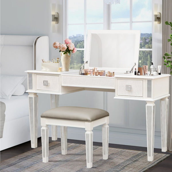 English Elm Mirrored Vanity Desk with Drawers and Flip-Up Mirror, Silver PU Stool, Crystal Knobs, Storage Elegance W2170P209976