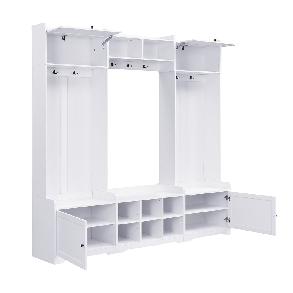 English Elm VIBE Modern Hall Tree with Shoe Cabinets, 3-Seat Bench, 7 Hooks & Adjustable Shelves, 79" wide White SJ000147AAK