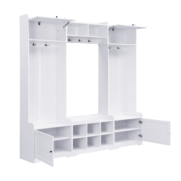 English Elm VIBE Modern Hall Tree with Shoe Cabinets, 3-Seat Bench, 7 Hooks & Adjustable Shelves, 79" wide White SJ000147AAK