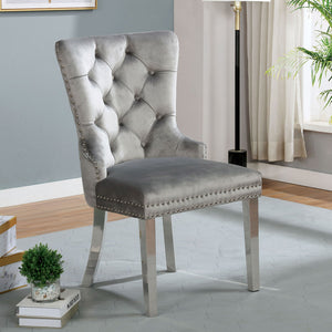 English Elm Contemporary Elegant Flannelette Wingback Dining Chair Set with Button Tufting, Nailhead Trim & Chrome Legs Gray 31 L x 26 W x 23 H B011P208973