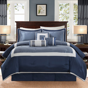 JLA Home Madison Park - 7 Genevieve Comforter Set in Navy Silver Blue-Gray — 7-Piece Layered Texture, Subtle Sheen, Polished Accents 90 L x 90 W x 1.5H MP10-4041