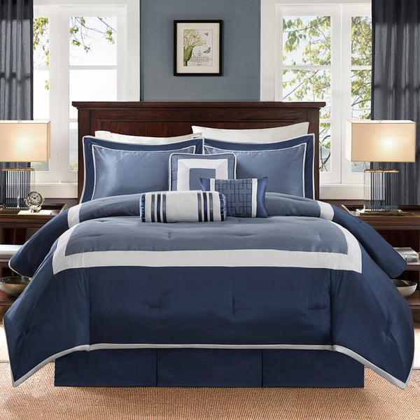 JLA Home Madison Park - 7 Genevieve Comforter Set in Navy Silver Blue-Gray — 7-Piece Layered Texture, Subtle Sheen, Polished Accents 90 L x 90 W x 1.5H MP10-4041