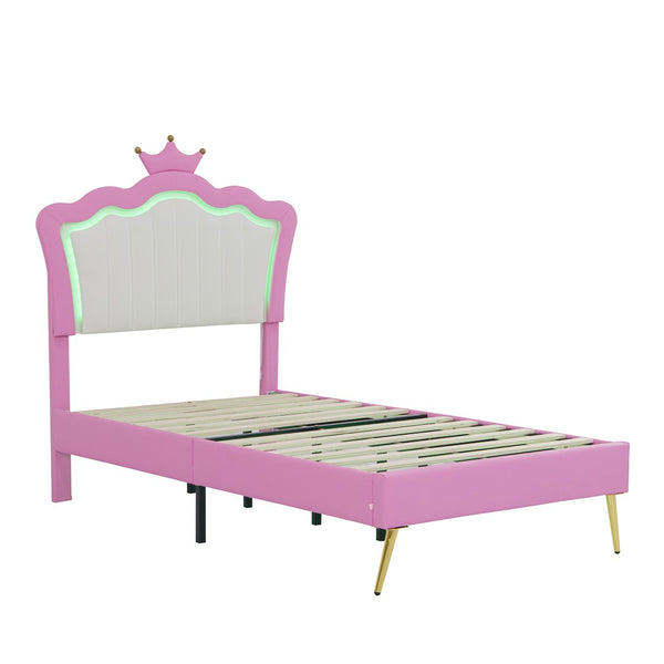 English Elm Twin Size Upholstered Bed Frame With Crown Headboard & Led Lights - Modern Pink & White Princess Style W2770P190377-GIGA
