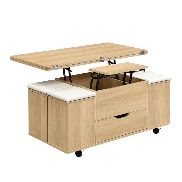 English Elm Christopher Knight Home® - Multi-Functional Lift-Top Coffee Table with Hidden Storage, 4 Stools, Lockable Casters & Desk Space Natural+White N770P309783N
