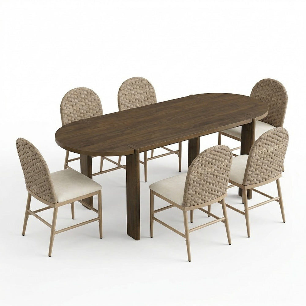 English Elm 7 Piece Oval Rubberwood Dining Set Rattan Back Chairs Walnut Finish Seats Six N762P396360D_N762P329084D6