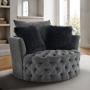 English Elm Dark Gray Channel Tufted Swivel Chair 360° Rounded Barrel Design with Curved Arms and Pillow Comfort B2741P400835