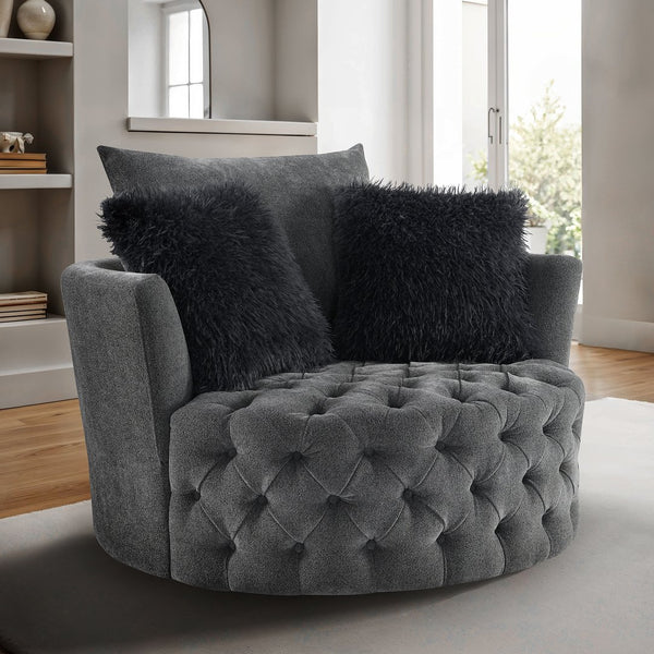 English Elm Dark Gray Channel Tufted Swivel Chair 360° Rounded Barrel Design with Curved Arms and Pillow Comfort B2741P400835