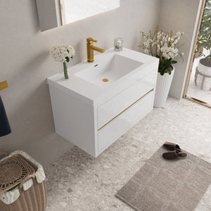 English Elm 36" Floating Bathroom Vanity Natural Oak Stone Resin Sink Soft Close Storage Cabinet W1573P211173