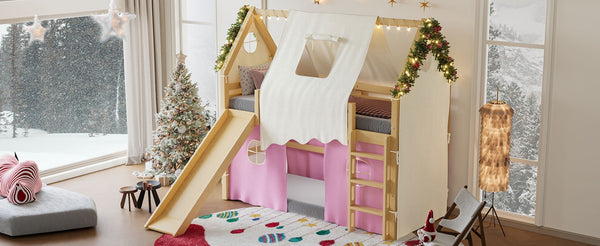 English Elm Twin Pine Loft Bed with House Frame Tent Led Lights Slide and Floor Space Below W1580S00289