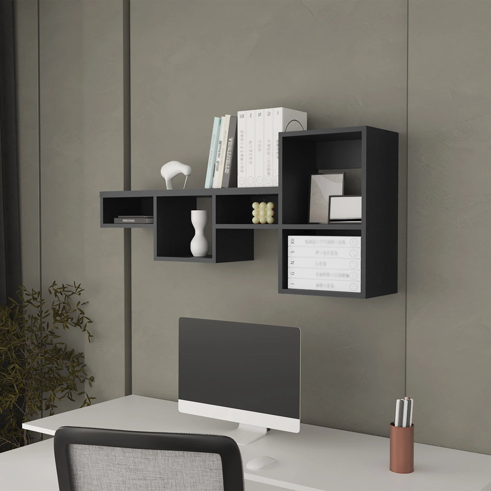 English Elm Wenge Floating Wall Shelf Unit with 5 Shelves, Space-Saving Modern Wenge Finish for Small Rooms B062P252162