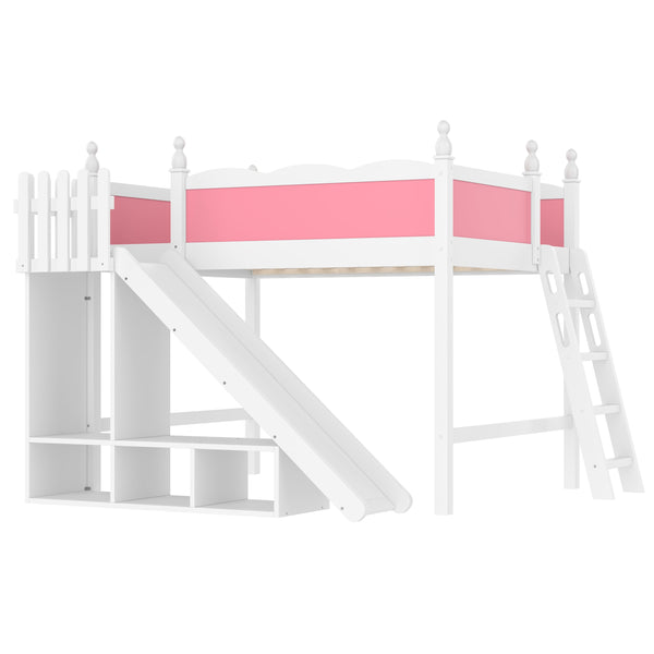 English Elm Full Loft Bed With Detachable Slide, Storage Shelves, And Cabinet In Pink & White – Fun & Functional! W1580S00245