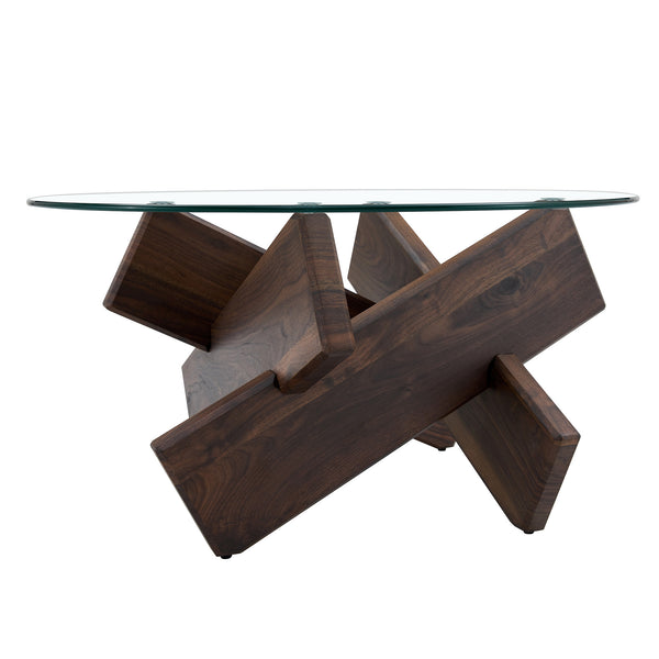 English Elm Round glass coffee table with tempered clear top, walnut MDF legs, adjustable anti-slip feet, modern centerpiece W1151P230572