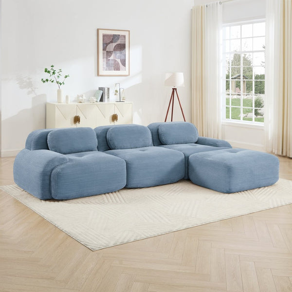 English Elm L-shaped Modular Corduroy Sectional Sofa Ergonomic Low Profile Living Room Seating Blue W714S01249