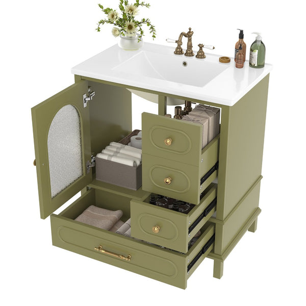 English Elm 30" Freestanding Bathroom Vanity Solid Wood Cabinet Ceramic Basin 3 Drawer Storage Green W1580P382512