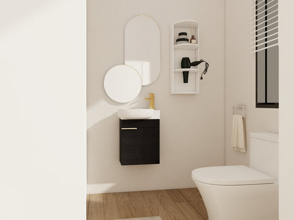 English Elm Soft Close Wall Mounted Bathroom Vanity with Ceramic Vessel Sink and Storage Rack W999S00489