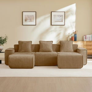 English Elm Streamlined Velvet U-shape Modular Sectional with Ottomans and French Piping Detail W3041S00374