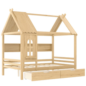 English Elm Full House Solid Wood Platform Bed with Window Roof, Under-Bed Drawers & Shelves for Kids' Rooms Natural W1580S00268