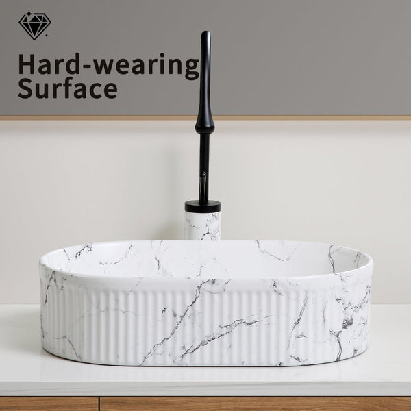 English Elm Oval Porcelain Vessel Sink Bold Marble Art Pattern Above Counter Vanity Basin W3402P362392