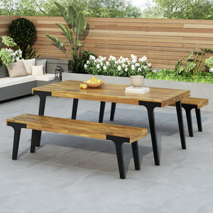 English Elm Christopher Knight Home® - 1 Acacia Outdoor Dining Table with 2 Benches - UV‑Treated Polywood Slats, Rust‑Resistant Metal Frame, Seats 6 74323.00_74322.00