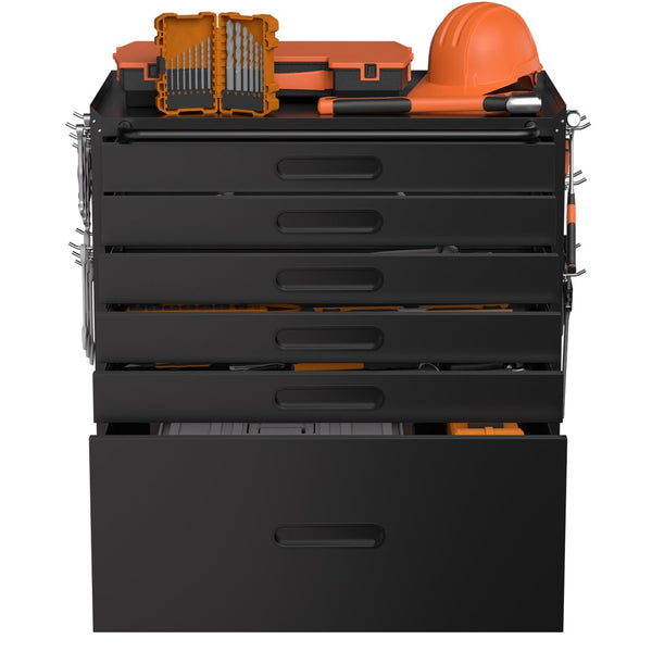 English Elm 34.3" Rolling Steel Workshop Cabinet with 3 Drawers Lockable Doors and Pegboard Sides W2735P428816