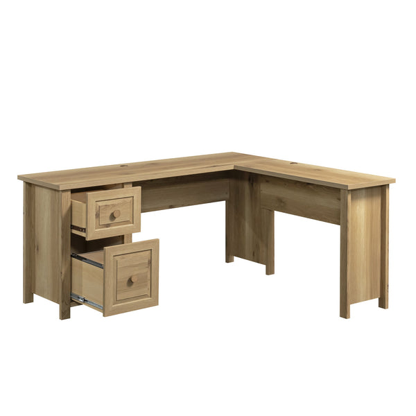 English Elm L-Shaped Desk In Warm Brown Finish - Spacious Workspace With Smart Storage & Cable Management Solutions B356P354482