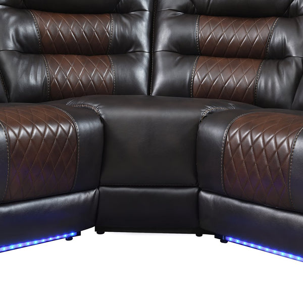 English Elm 113.5" Manual Reclining Sectional Sofa Set L-Shaped Symmetrical Motion Couch with LED Strip, 4 Cup Holders, Storage Boxes and Durable PU Leather Frame Black+Brown N719S001150D