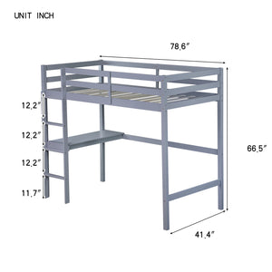 English Elm Twin High Loft Bed with Built-In Desk and Ladder — Space-Saving Rubberwood Study & Sleep Solution Grey W504P206978