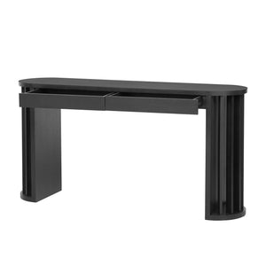 English Elm U_Style 59-inch Long Console Table with Oak Veneer Tops, 2 Drawers, Curved Modern Farmhouse Entryway Appeal Black N711P290711B