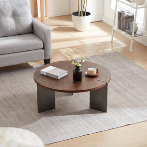 English Elm Round Round Coffee Table with Distressed Walnut Laminate Top and Sturdy Metal Frame, Eco-Friendly Finish Dark Brown W820S00065