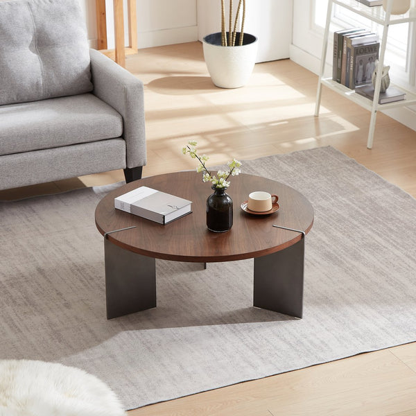 English Elm Round Round Coffee Table with Distressed Walnut Laminate Top and Sturdy Metal Frame, Eco-Friendly Finish Dark Brown W820S00065