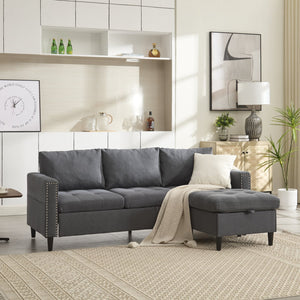 English Elm Small L-Shaped Sofa with Storage Ottoman and Side Pockets, Velvet 3-Seat Space-Saving Couch Dark Gray W2705P255386