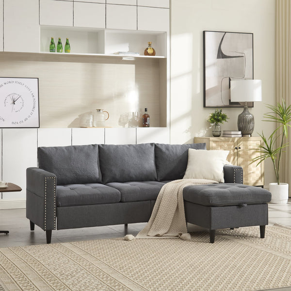 English Elm Small L-Shaped Sofa with Storage Ottoman and Side Pockets, Velvet 3-Seat Space-Saving Couch Dark Gray W2705P255386