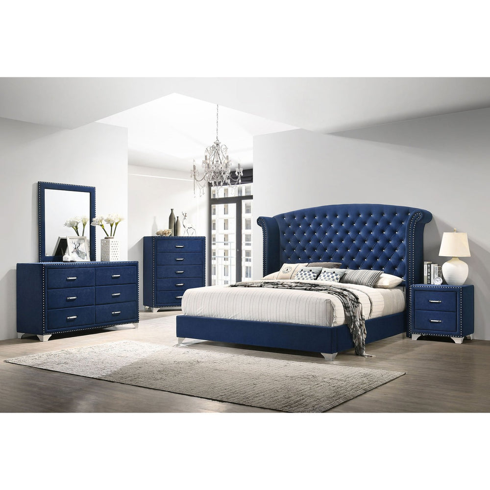 English Elm Chantel Pacific Blue Upholstered Queen Wingback Bed - Elegant Comfort, Timeless Design, Chrome Legs B062S00654