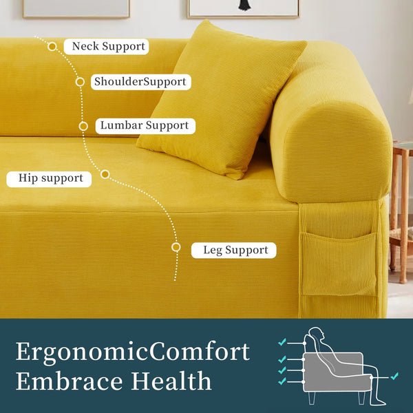 English Elm Spring Sofa with Pocketed Springs and High-Density Foam, Breathable Fabric, Pillows & Storage Yellow B347P406035