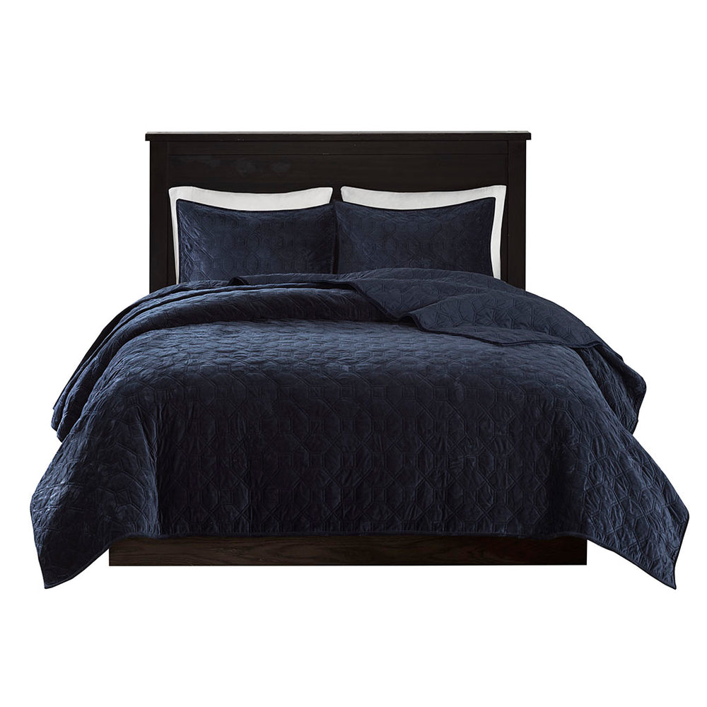 JLA Home Madison Park - 3 Velvet Quilt Set with Plush Geometric Quilting, Antimicrobial Finish, Silky Soft 3-Piece Bedding Navy MP13-3304