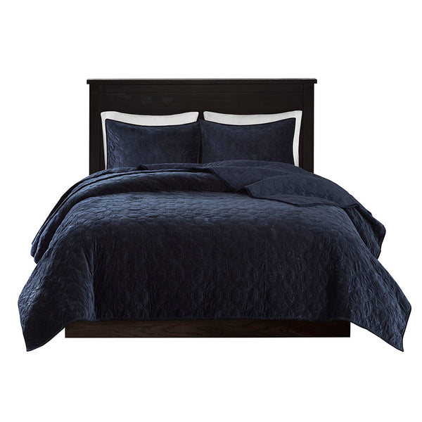 JLA Home Madison Park - 3 Velvet Quilt Set with Plush Polyester Velvet, Geometric Quilting, Antimicrobial Finish for Cozy Style Navy MP13-3303