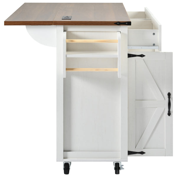 English Elm K&K Farmhouse Kitchen Island Cart 53.5" with Drop Leaf, Built-In Power Station, Ample Storage & Wheels White N707P170348W